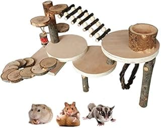 JasCherry Hamster Aire de Jeux pour Petits Animaux en Bois avec Mangeoire en Bois, Rampe, Pont et Marches d'escalade - Cage à Plate-Forme pour Hamster Souris Gerbille Chinchilla Rat #4