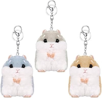 Smilcloud Pack of 3 Hamster Keychains, Keychain with Hamster Keychain, Cute Soft Plush Keychain, Bag Pendant, Animal Keychain (Grey, Blue, Brown)