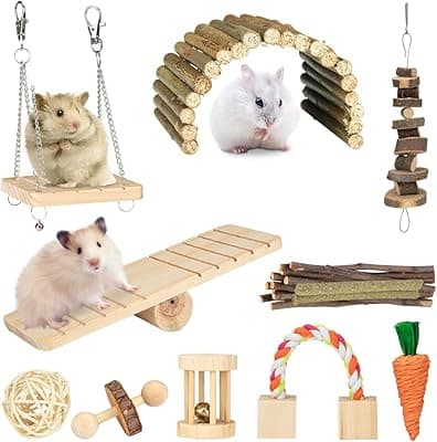 OmeHoin Hamster Chew Toy, 11 Pieces Natural Pine Wood Wooden Exercise Bell Roll Dental Care Molar Molar Toy for Guinea Pigs Rats Chinchillas Toy Accessories