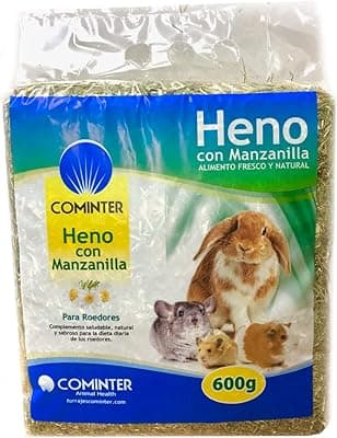 Cominter Animal Health Heno con Manzanilla Natural Timothy para Conejos, EOS, Hamsters, Cobayas y Roedores 600 g, Comida para Conejos con Fibra para el Desgaste Dental del Roedor