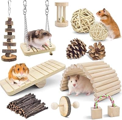 ERKOON Hamster Chew Toy, 12 Pieces Natural Wood Rabbit Toy Exercise Bell Roll Dental Care Molar Toy for Chinchilla Rabbits Guinea Pigs