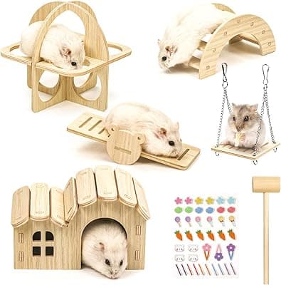 Pack of 5 Hamster Toys Made of Wood, Hamster Hideaway House DIY Bridge Rocker Swing and Training Toy Cage Decor Accessories Hamster Playground for Gerbils Rats and Dwarf Hamsters