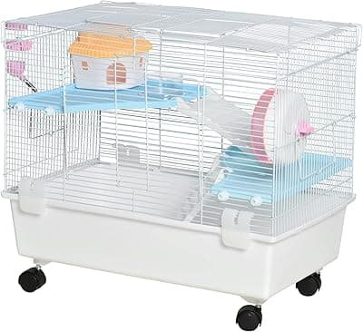 PawHut Jaula para Hámster 60x35x47 cm Chalé para Roedores Pequeños con Casa Especial Comedero Bebedero Escaleras Rueda de Ejercicio Asas y Ruedas con Freno Blanco