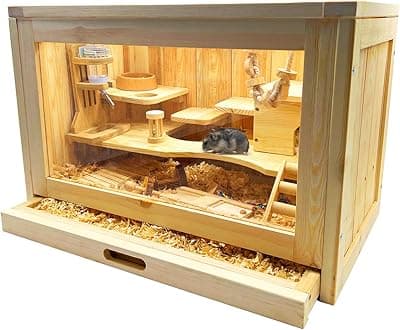 Rubor Hamster Cage Wooden Hamster Cages and Habitats for Dwarf Hamster, Guinea Pig, Chinchilla, 2-Tiers with Shelf and Ladder, Openable Top, Pull-Out Tray, Natural Wood