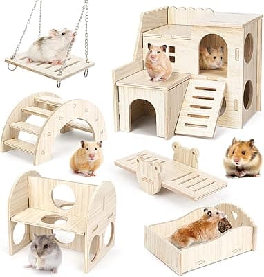 Bomoya Pack of 6 DIY Hamster Toys Made of Wood, Hamster House Made of Wood Hamster Hiding House Hamster Chew Toy Accessories for Hamsters Guinea Pigs Chinchillas Gerbils Dwarf Hamsters