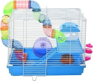 PawHut Cage pour Rongeur Hamster 2 Niveaux avec Tunnel, Bouteille d'eau, Roues, Maison, échelle dim. 46L x 30l x 37H cm