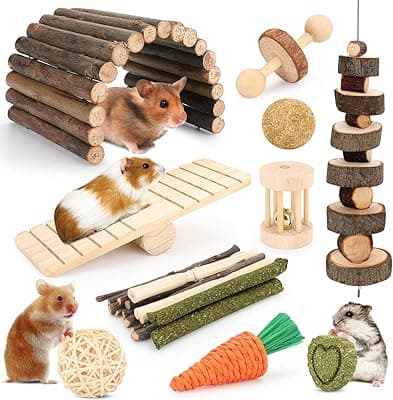 YIXUND Hamster Toys Guinea Pig Toys Hamster Wheel Hamster Cage Accessories Small Animal Molar Chew Toys for Chinchillas,Gerbils,Mice,Rats,Mouse,Rabbit,Bunny Hideout Seesaw (12 Different chew Toys)