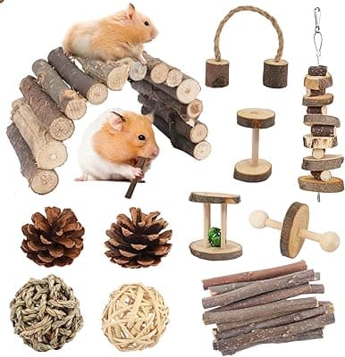 ZAKVOP Hamster Toys 11PCs, Guinea Pig Toys Natural Wood, Hamster Chew Toys for Rodents, Hamster Ball, Hamster Hide Hamster Bridge Small Animal Toys for Cages Hamster Accessories