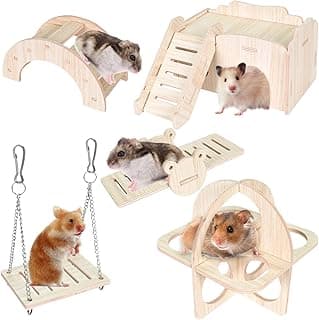 Colexy 5 Pièces Jouets pour Hamster, Maison Hamster Bois Jouet d'escalade pour Hamster Pont et Balançoire, Accessoires pour Cage à Hamster, Jouet Hamster en Bois, Jouets à Mâcher pour Hamsters