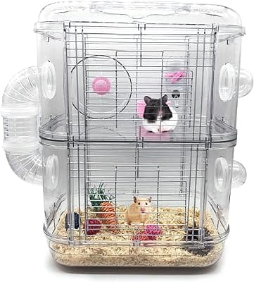 Angry Factory Hamster Cage, 2-Level Small Animal and Hamster Habitat with Hamster Water Bottle, Tube Tunnel, Wheels and Hamster Accessories, Comfortable, Easy-to-Maintain Home for your Guinea Pig, Rat