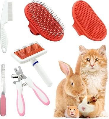 Rabbit Grooming Kit Set with Pet Shedding Slicker Brush Nail Clipper Trimmer Pet Massage Bath Glove Flea Comb for Bunny Puppy Kitten Guinea Pig Chinchilla Ferret Small Animals (Red, Pink)