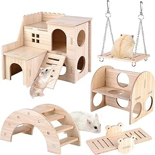 Vegena Lot de 5 jouets pour hamster en bois DIY Hamster Hamster Cachette maison pont bascule balançoire jouet d'entraînement jouet de hamster accessoire pour cage pour gerbilles rats hamsters nains