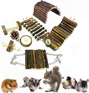 Chikanb Jouet de Hamster, 8 Pièces Bois Naturel Jouets de Mâcher, Bâtons de Pomme, Pommes de pin, balançoire Suspendue pour Furets, Cobayes, Oiseau, Petit Écureuil, Chinchilla, Souri, Rongeur