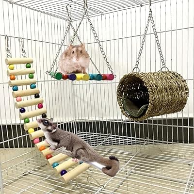 Ewolee Hámster Accesorios, 3 Juguetes para Hámster de Madera, Escalera Columpio Hamaca Colgante para Columpiarse Masticar Trepar y Dormir para Animales Pequeños Rata Hámster Jerbo Degu Hurón Loro