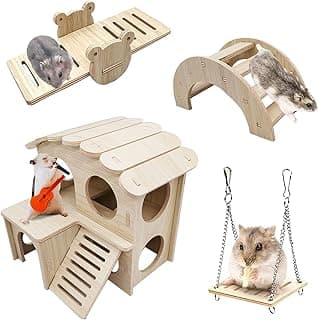 Eyksta Lot de 4 Jouets pour Hamster en Bois, Jeux pour Hamster Comprenant Maison Hamster Pont Balancoire, Accessoire pour Hamster Cochon d'Inde Chinchilla Hamster Russe