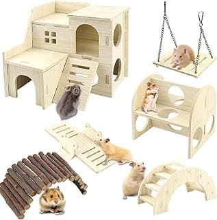 YYWEi Jouet pour Hamster 6 pièces Jouets à Mâcher pour Hamster Maison Hamster Bois Jouet d'escalade pour Hamster Pont et Balançoire