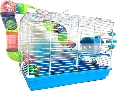 2 Levels Habitat Hamster Home Rodent Gerbil Mouse Mice Rat Wire Cage with Complete Set of Accessories (18" L x 12" W x 15" H, Blue)