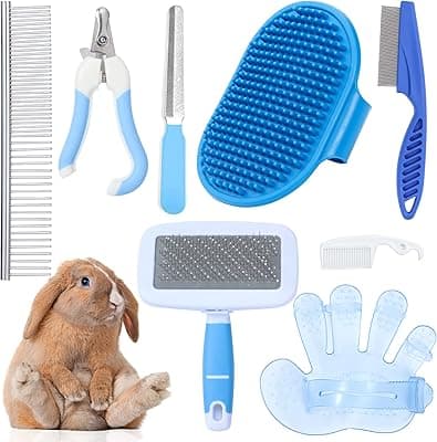 Rabbit Grooming Kit, Rabbit Brush, Small Animal Pets Grooming Kits Include Pet Grooming Shedding Slicker Brush, Bath Massage Glove Brush, Nail Clipper, Flea Comb, Pet Double-Sided Comb for Rabbits Guinea Pigs Hamster Bunny (blue)