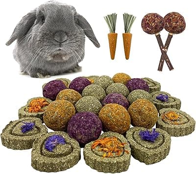 29 Paquete Juguetes Para Masticar Conejos,Hamster Conejo Masticar Juguetes,15 Timothy Grass Ball,10 Pack Timothy Hay Grass Cakes,2 Flower Lollipops,2 Carrot Chew Toys For Rabbit(Balón de hierba)