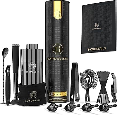 BarDeluxe® Cocktail Set 17 Pieces, Bartender Set, Cocktail Mixer Set, 750 ml Cocktail Shaker Set, Bartender Set, Luxury Cocktail Gift Set, Bag & Recipe Book (Black)