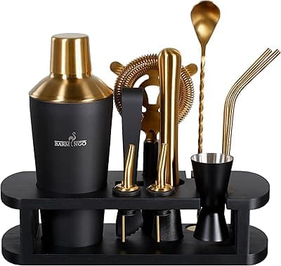 BARMINGO Stainless Steel Cocktail Set 11 Pieces - 700 ml Cocktail Shaker Set with Stand and Bar Accessories, Cocktail Shaker Set | Bartender Set | Cocktail Mix Set | Bar Set | Gift Set | Black & Gold