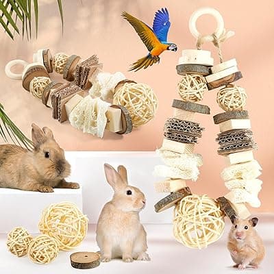 Bunny Chew Toys for Rabbits, Hanging Rabbit Toy, Wooden Bunny Natural Chew and Treat Toys Improve Dental Health for Rabbits, Hamsters, Guinea Pigs Chinchillas, Birds, and Other Small Pets