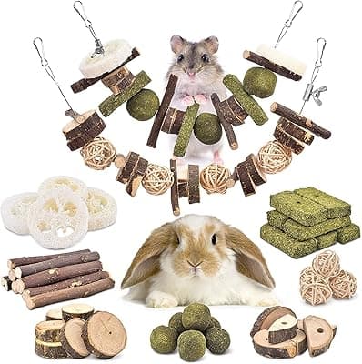 ERKOON 70pcs Rabbit Toy, Small Animals Chew Toy, Rabbits, Natural Timothy Grass Chew Balls, Nibble Wooden Chain, Grass Toy, Dental Care for Bunnies, Chinchilla, Hamsters, Guinea Pigs, Gerbils