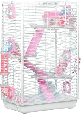 PawHut Jaula para Hámster con Túnel Casa para Animales Pequeños 47x29,5x76 cm con 3 Puertas Plataformas Bandeja Cuenco Bebedero Casita 3 Rampas y Rueda de Ejercicio Blanco