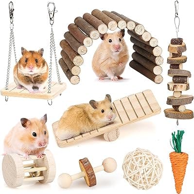 BBjinronjy Hamster Chew Toys Set Small Animal Molar Toys Teeth Care Wooden Accessories for Guinea Pigs,Chinchillas,Gerbils,Mice,Rats,Mouse Rodents Toy Swing Seesaw Bridge (Wood)