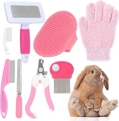 VCZONE 8 Pcs Small Animal Pink Grooming Kit, Rabbit Grooming Kit with Pet Nail Clipper and File, Flea Comb, Pet Shampoo Bath Brush , Pet Shedding Slicker Brush, Bath Massage Glove, Cleaning Comb (Pink)