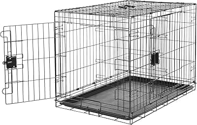 Amazon Basics 36" Folding Metal Wire Dog Cage with Bottom Tray, Double Door, Black